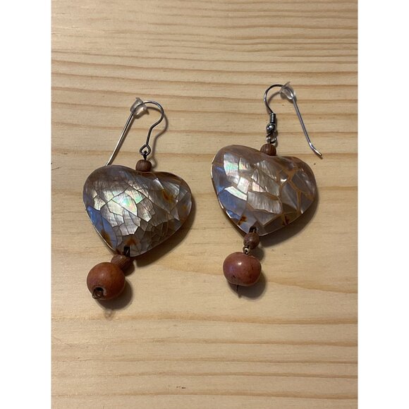 Handmade Heart Shaped Shell & Wood Bead Dangle Earrings - Picture 3 of 3